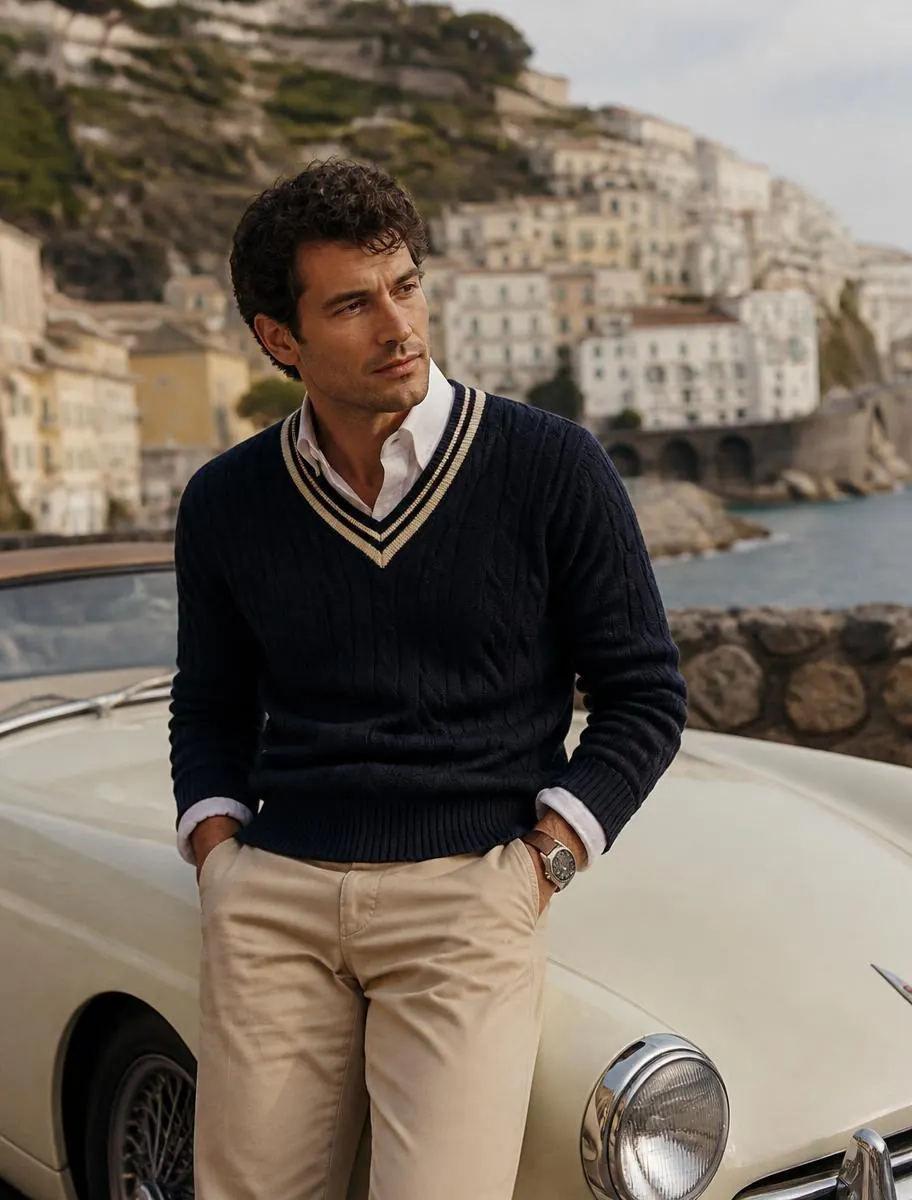 Man in a navy cable-knit sweater beside a vintage car in Italy