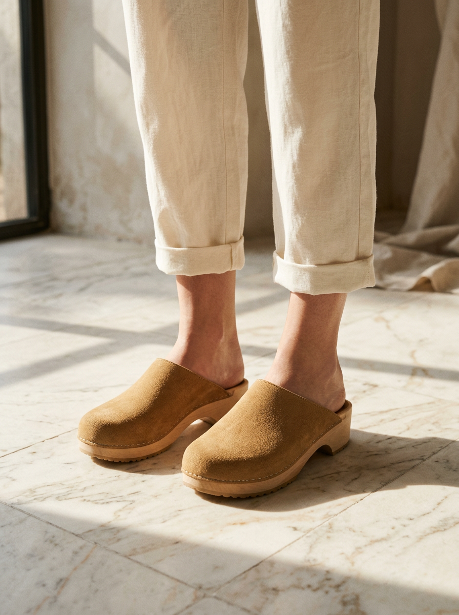Model wearing Suede Clogs